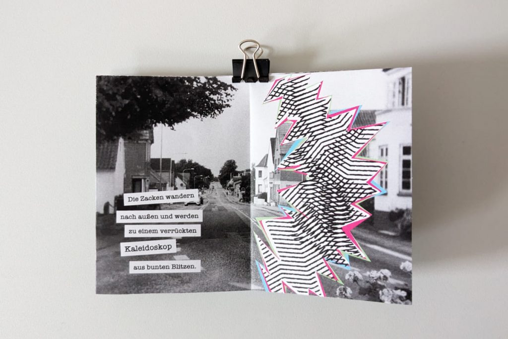 Dieselbe Dorfstraße, aber die störende Zackenform hat sich vergrößert und ist nach rechts gewandert. Die Illustration wirkt wie ein buntes Prisma mit leuchtenden Kanten.