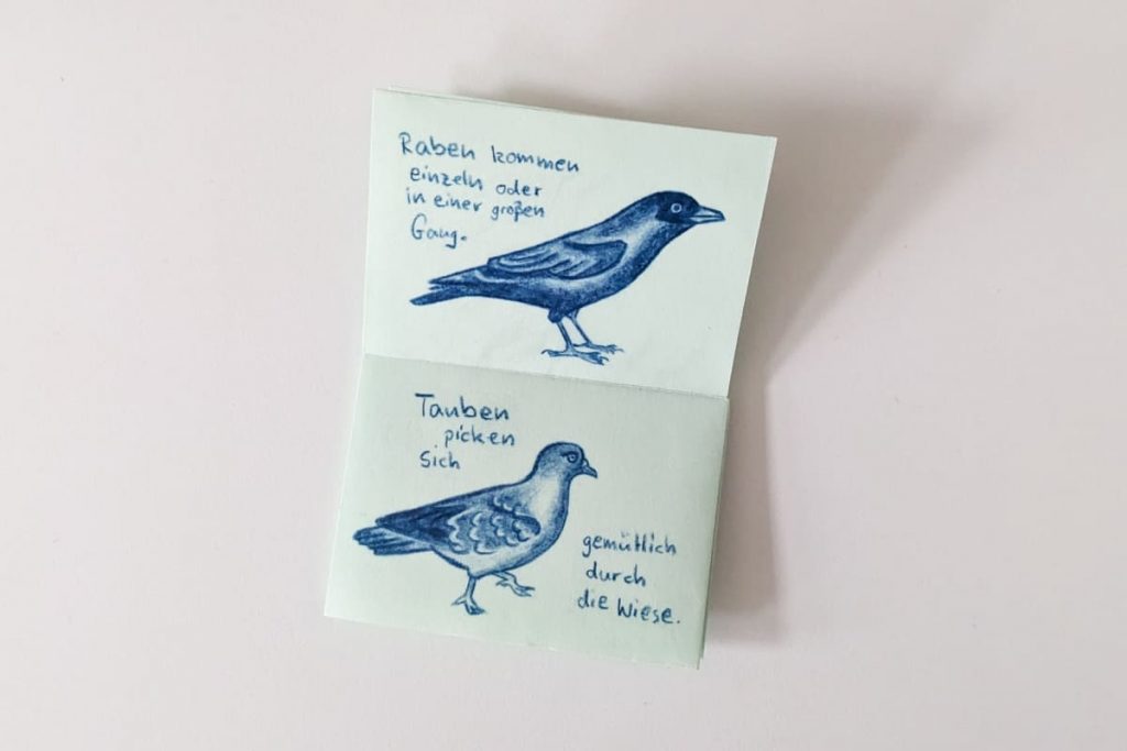 Offenes Zine mit blauen Zeichnungen von einem Raben und einer Taube sowie handgeschriebenem Text