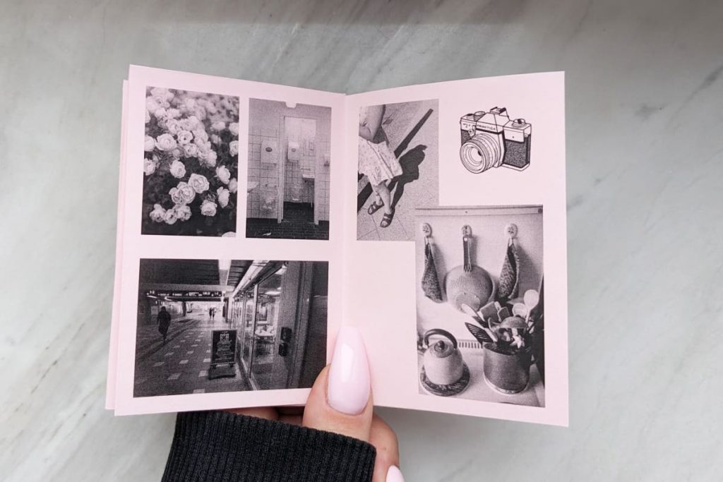 Innenseite mit fünf Fotos in schwarz weiß: Rosenbusch, ein öffentliches WC, Küchenutensilien, ein wehendes Sommerkleid und eine Bahnhof-Szene sowie eine Kamera-Illustration.