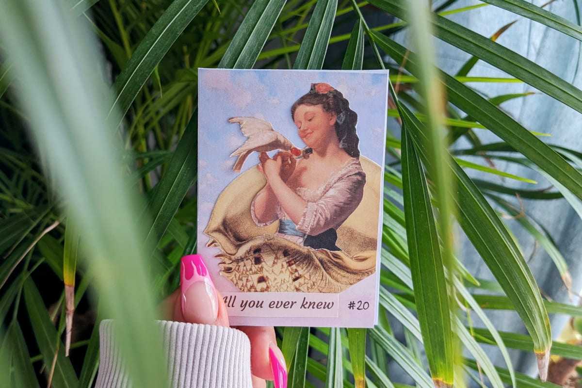 Collage-Zine vor Palmenblättern: Frau mit weißer Taube, die in einer Muschel sitzt, Text „All you ever knew #20“