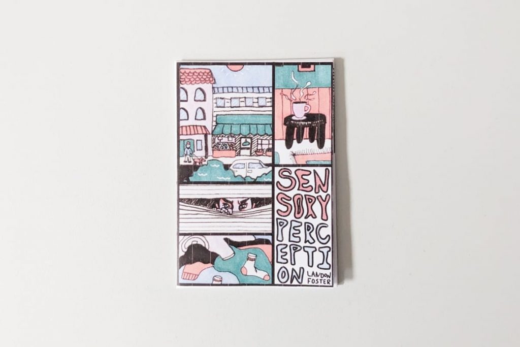 Illustriertes Zine-Cover, Comic-Stil in Pastell Grün, Orange und Blau, mit dem Titel „SENSORY PERCEPTION“