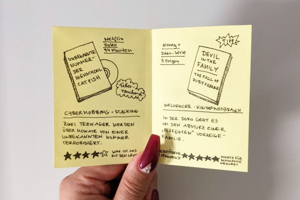 Geöffnetes Mini-Zine mit handgezeichneten DVD-Illustrationen und Bewertungen zu den „Unbekannte Nummer“ und „Devil in the Family“.