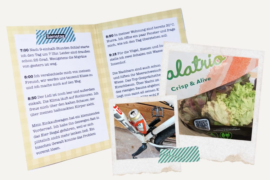 Collage: Offenes Zine mit Tagebuch-Text zu „Samstag“ und zwei Fotos von einer Bierdose am Fahrrad und schlaffem verwelktem Salat, auf dessen Verpackung "crisp & alive" steht.