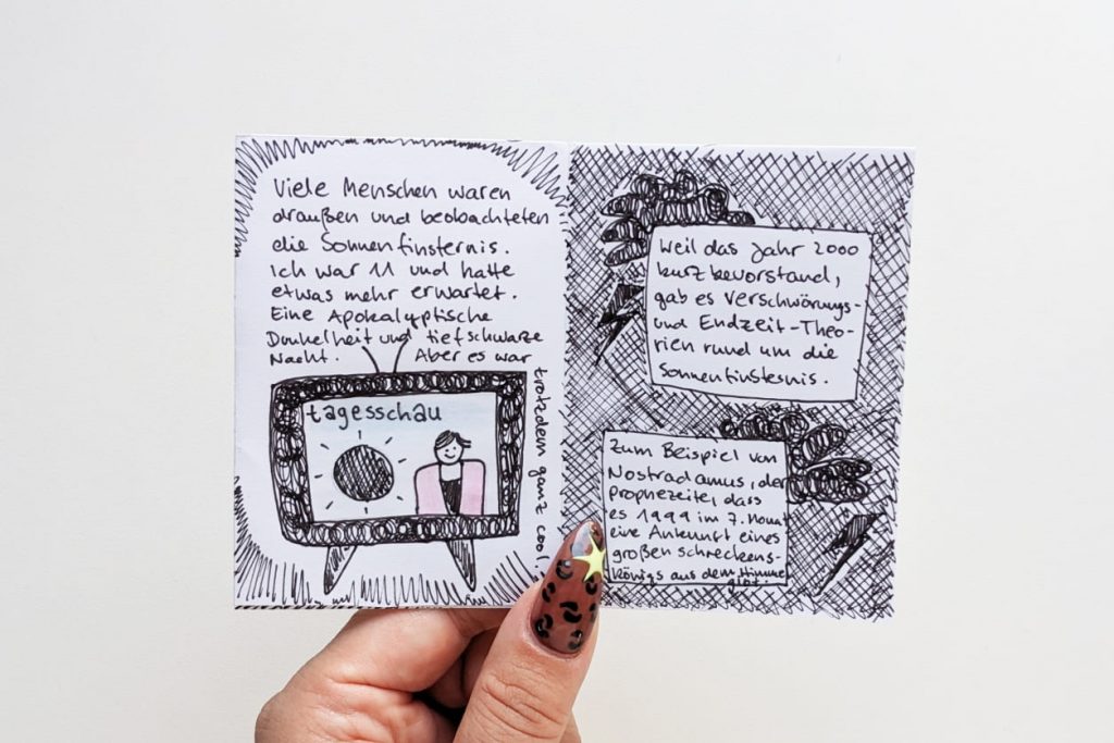 Zine-Doppelseite über Erwartungen an die SoFi 1999, TV-Nachrichten & Nostradamus-Theorien.