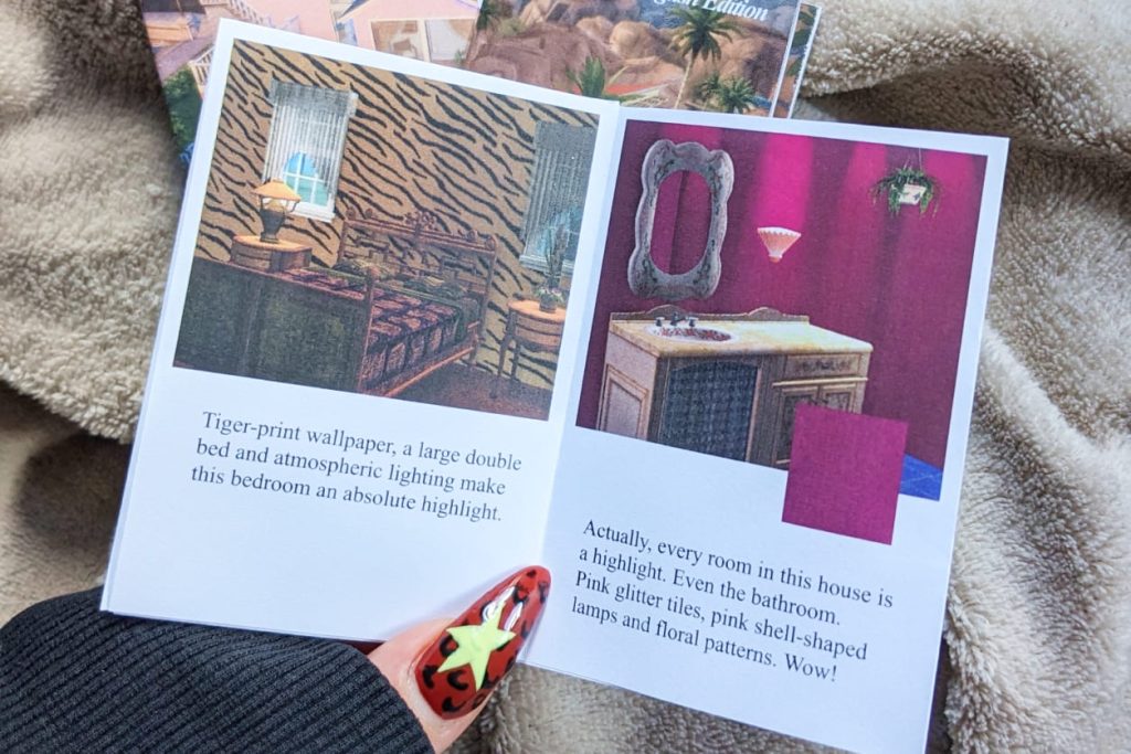 Offenes Zine mit zwei Abbildungen von Zimmern und englischem Text darunter, eine Hand hält die Seite fest.