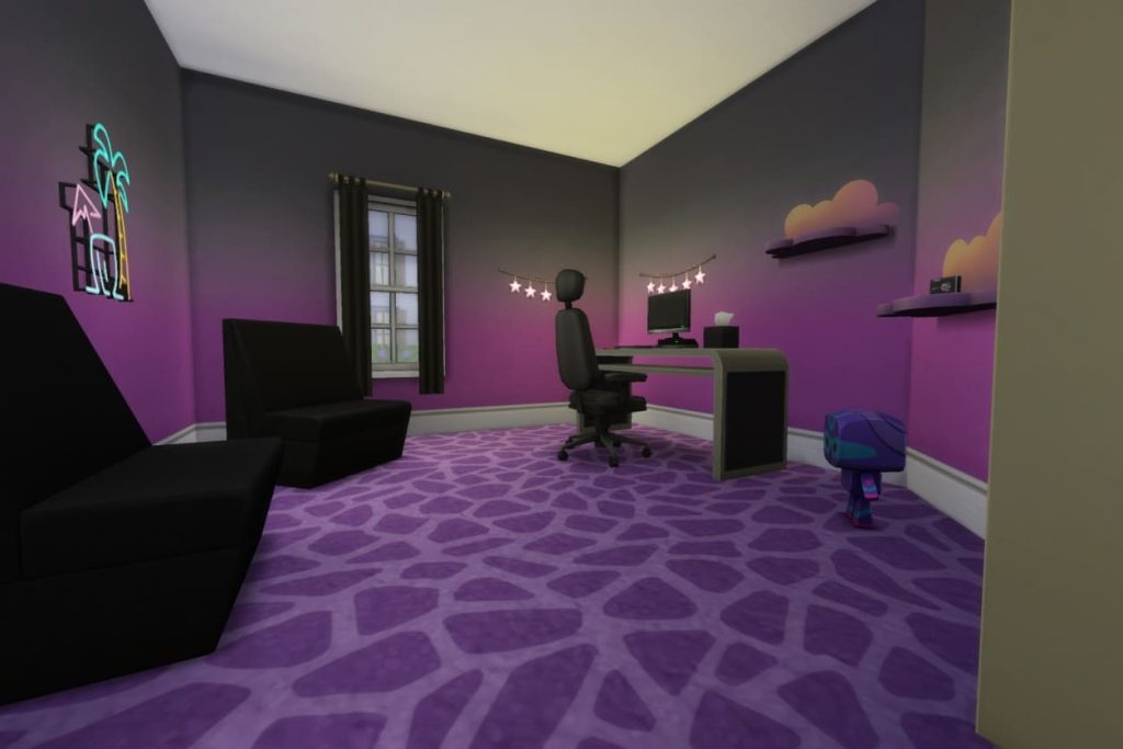 Gaming-Zimmer mit lila Teppich in Giraffenmuster, Schreibtisch mit Computer, schwarzem Stuhl, schwarzen Sesseln, Neon-Wanddeko, Wolkenmuster, Lichterkette und Wänden mit schwarz-lila Verlauf.