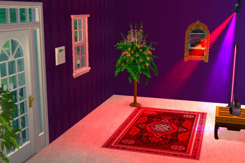 Eingangsbereich mit dunklen lila Wänden, einem rot gemusterten Teppich auf hellem Boden, einer Blumensäule und rot-lila Lasereffekt Lampe an der Wand.