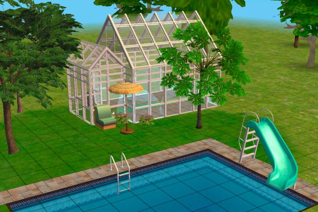 Gartenbereich mit einem großen Außenpool samt Wasserrutsche und Leiter, einem verglasten Gewächshaus und kleinem Sitzbereich mit Sonnenschirm direkt davor.
